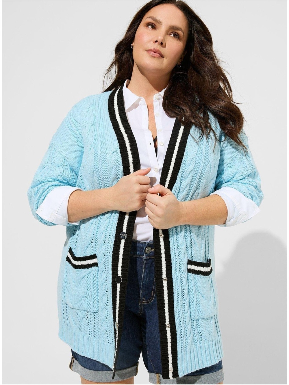 Torrid Varsity Cable Knit Cardigan Blue Striped Trim preppy collegiate 4X Plus